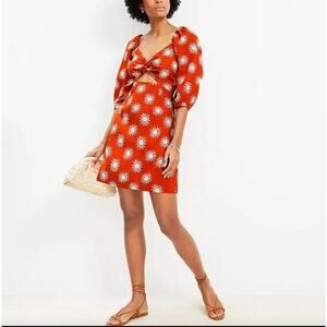 LOFT Beach Linen Sun Print Puff Sleeve Cutout Dress Orange White Size XL